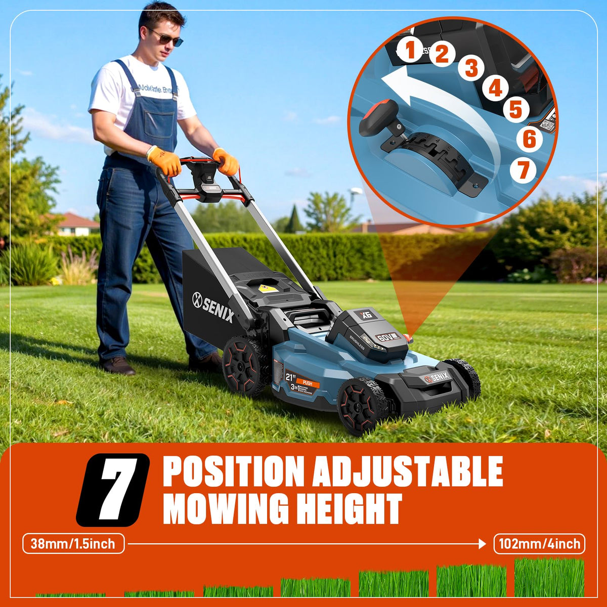 21" 60V Electric Push Lawn Mower, Cordless Push Mower with 6.0Ah Battery &amp; Charger, 7-Height Adjustment, LED Light (Note: Battery &amp; Mower Shipped Separately)