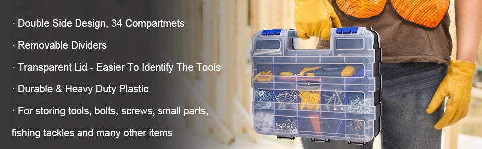 Hardware Organizer Box 34 Compartments Small Parts Organizer with Removable Dividers Durable Plastic Double Side Tools Box Screw Organizers For Nuts, Bolts, Screws, Nails 2Pack
