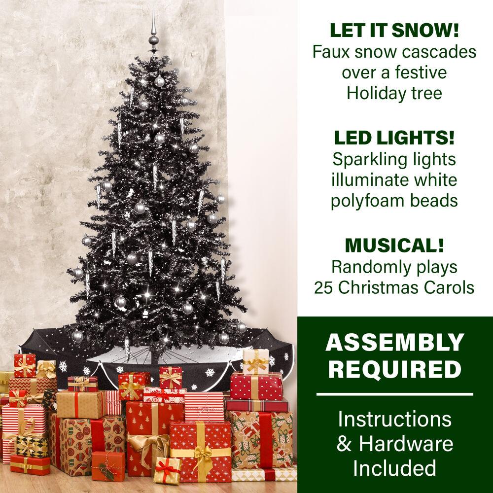 Fraser Hill Farm White Prelit LED Black Decorated Pine Musical Christmas Tree, with Umbrella Base 6.25'