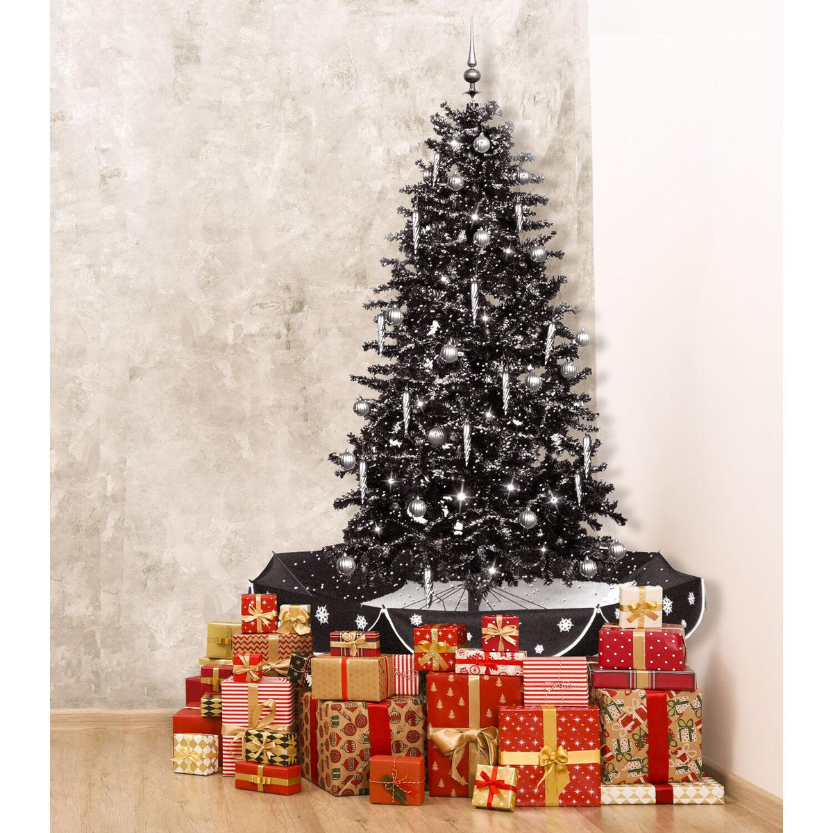 Fraser Hill Farm White Prelit LED Black Decorated Pine Musical Christmas Tree, with Umbrella Base 6.25'