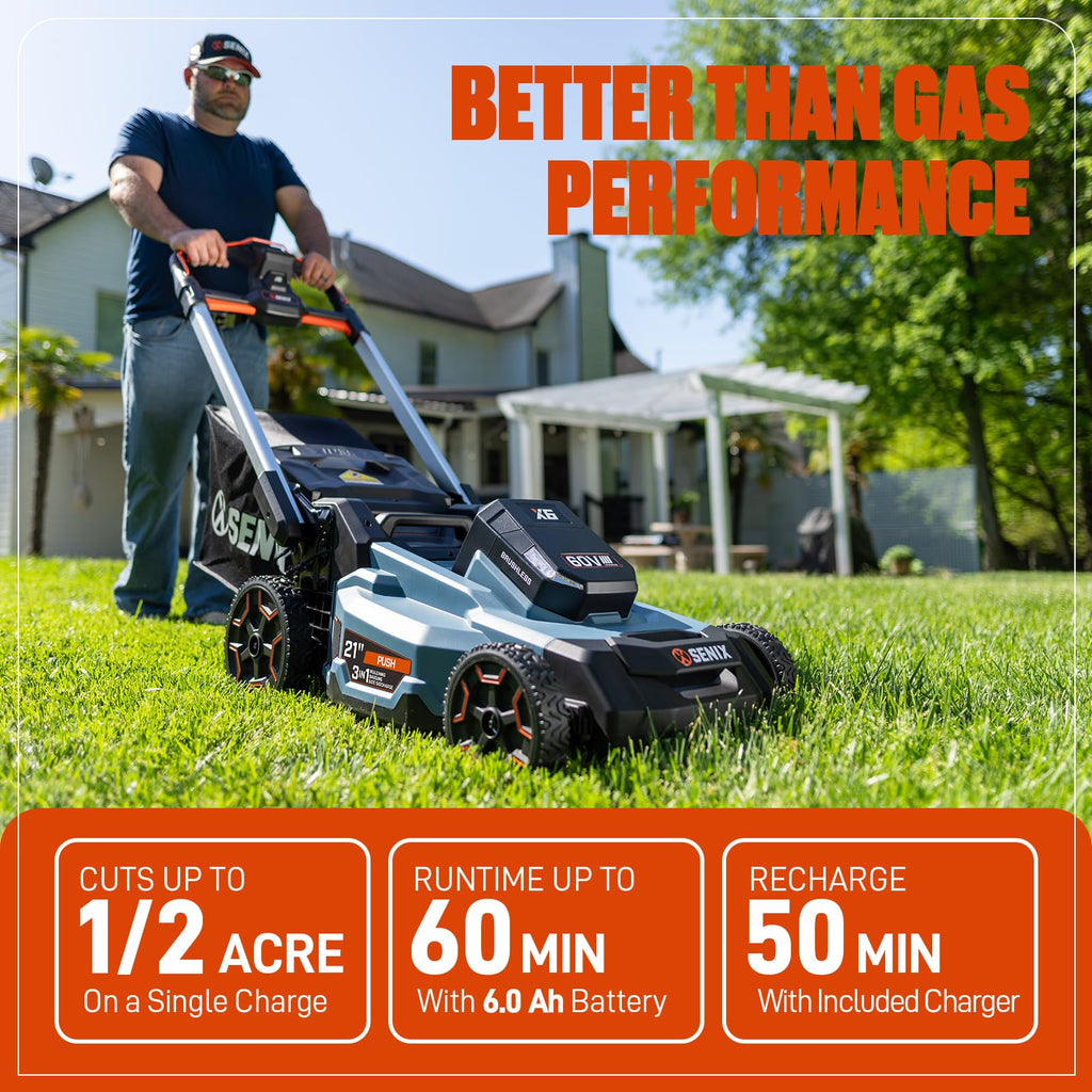 21" 60V Electric Push Lawn Mower, Cordless Push Mower with 6.0Ah Battery &amp; Charger, 7-Height Adjustment, LED Light (Note: Battery &amp; Mower Shipped Separately)