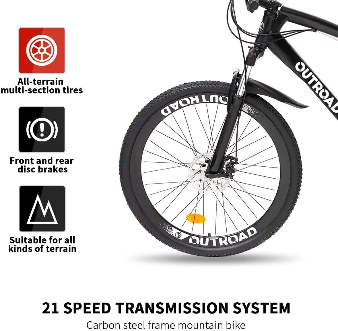 PanAme 26 Inch Mountain Bike,High Carbon Steel Frame Bike with 21 Speed  Shifter and Double Disc Brake, Front Suspension Anti-Slip Bicycle for Adult, Black