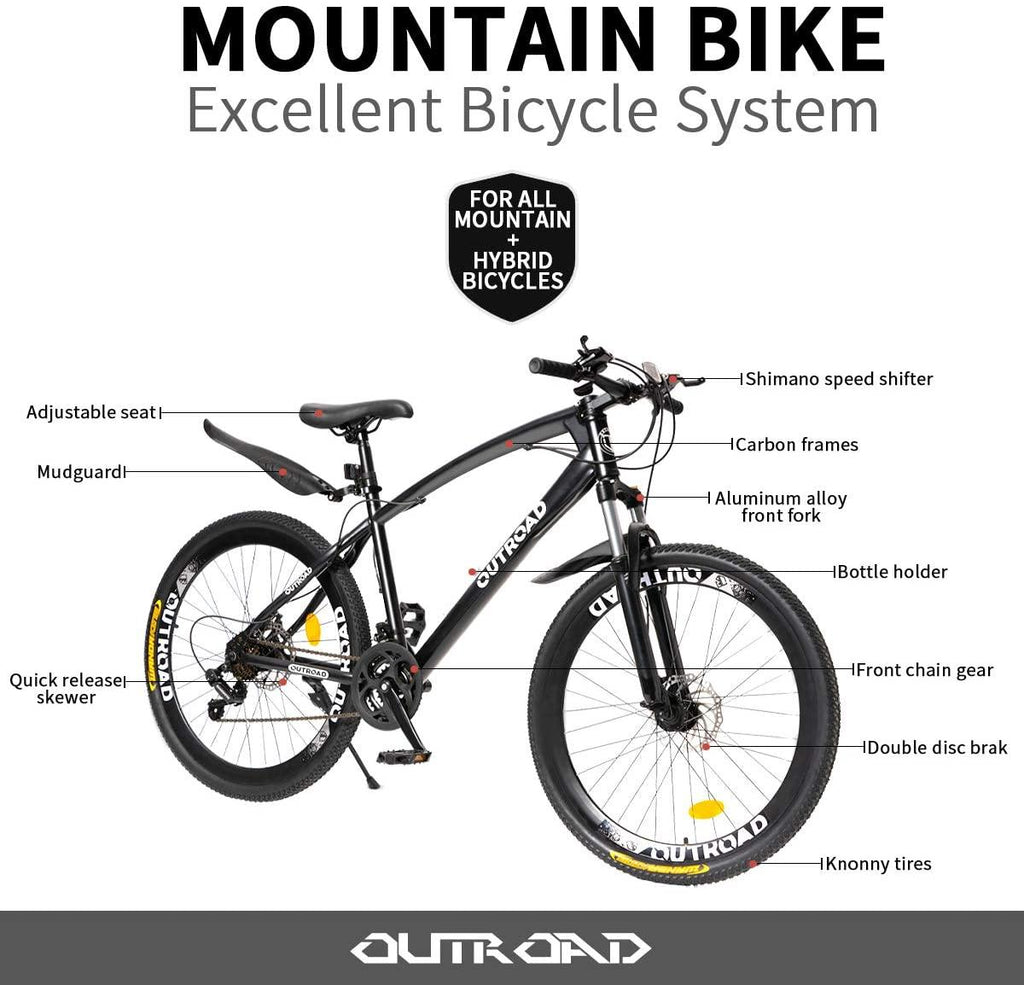 PanAme 26 Inch Mountain Bike,High Carbon Steel Frame Bike with 21 Speed  Shifter and Double Disc Brake, Front Suspension Anti-Slip Bicycle for Adult, Black