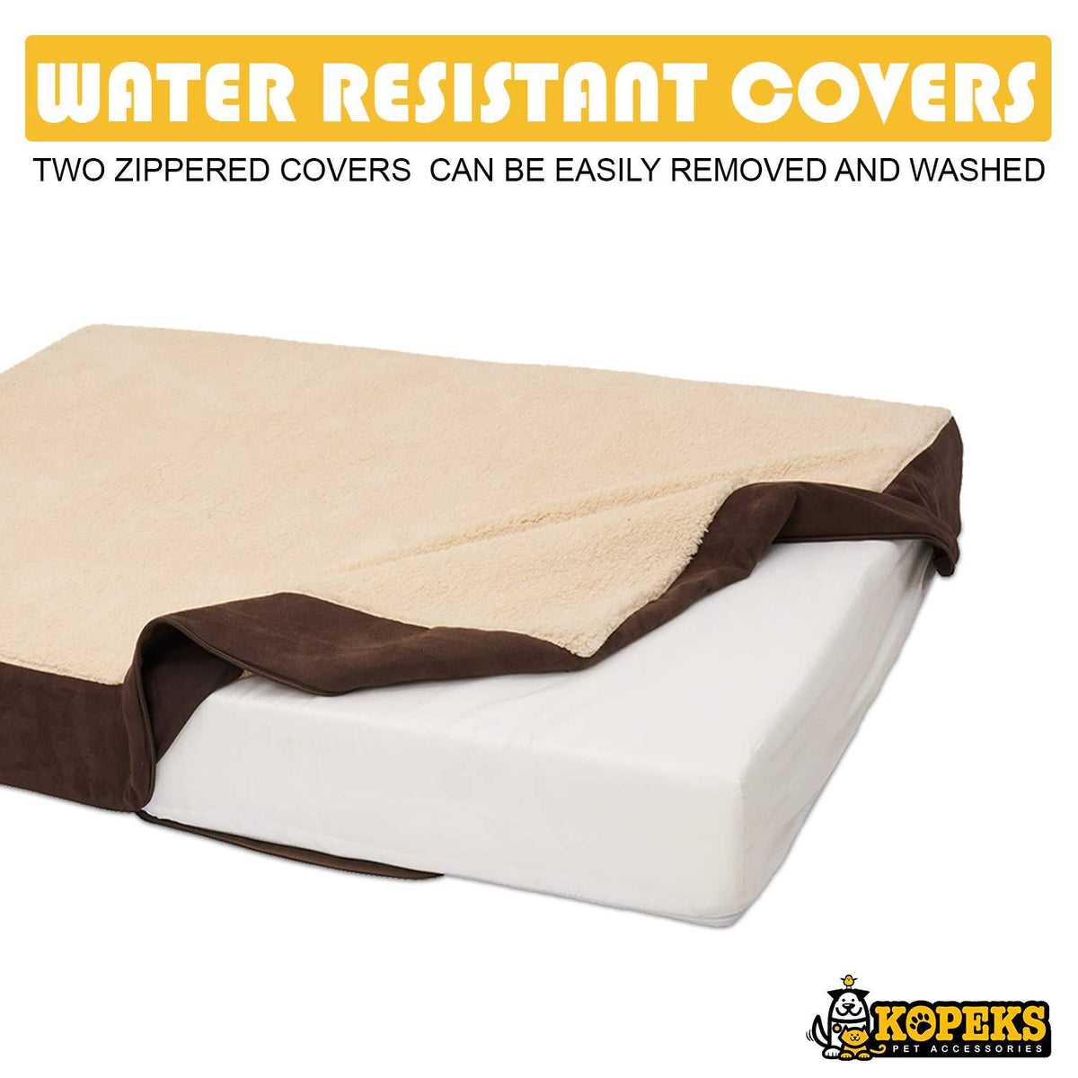 KOPEKS Rectangular Orthopedic Memory Foam Dog Bed - Includes Waterproof Inner Protector &amp; Removable Cover