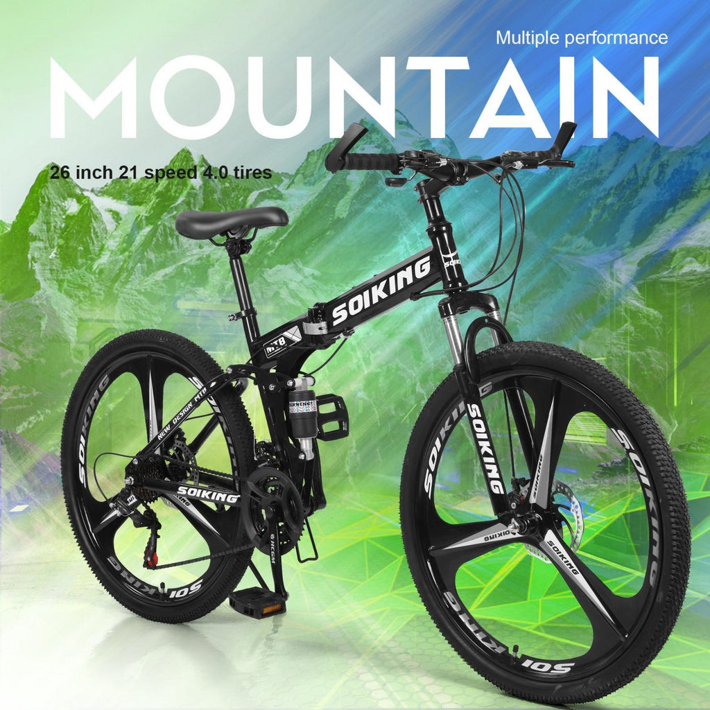 26 inch Folding Mountain Bike, 21 Speed Folding Bike,Full Suspension Disc Brake Outdoor Bikes for Men Women Carbon Steel Black