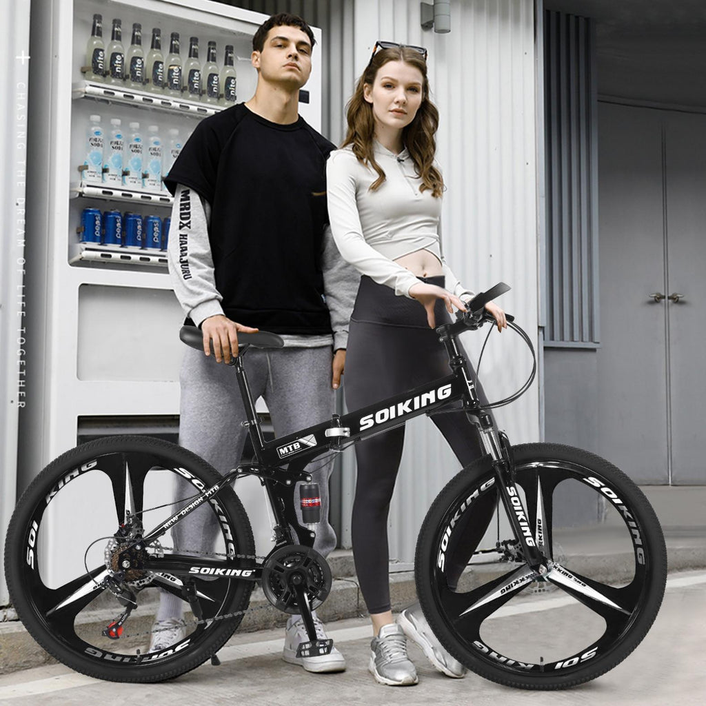 26 inch Folding Mountain Bike, 21 Speed Folding Bike,Full Suspension Disc Brake Outdoor Bikes for Men Women Carbon Steel Black
