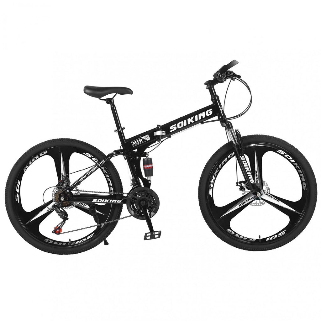 26 inch Folding Mountain Bike, 21 Speed Folding Bike,Full Suspension Disc Brake Outdoor Bikes for Men Women Carbon Steel Black