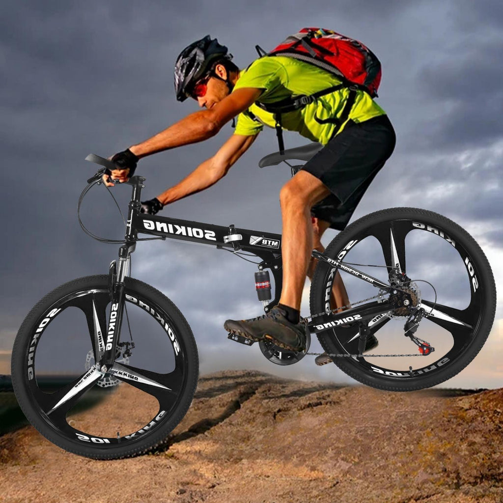 26 inch Folding Mountain Bike, 21 Speed Folding Bike,Full Suspension Disc Brake Outdoor Bikes for Men Women Carbon Steel Black
