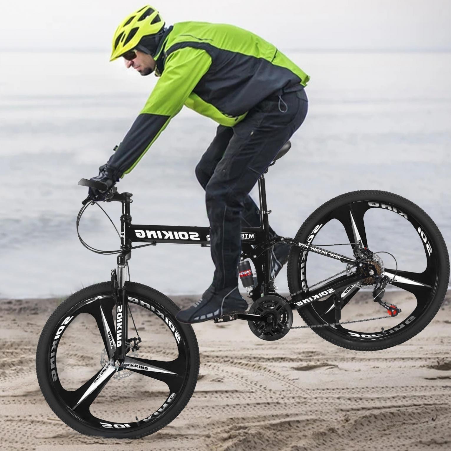 26 inch Folding Mountain Bike, 21 Speed Folding Bike,Full Suspension Disc Brake Outdoor Bikes for Men Women Carbon Steel Black