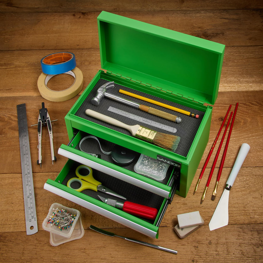 Mini Tool Box - Metal Tool Chest with 2 Drawers & PVC Drawer Liners for Workbench or Desk, Powder-Coated Steel Small Toolbox - Multi-Purpose Storafor Machinists Tools, DIY, 3D Printer Parts - Green