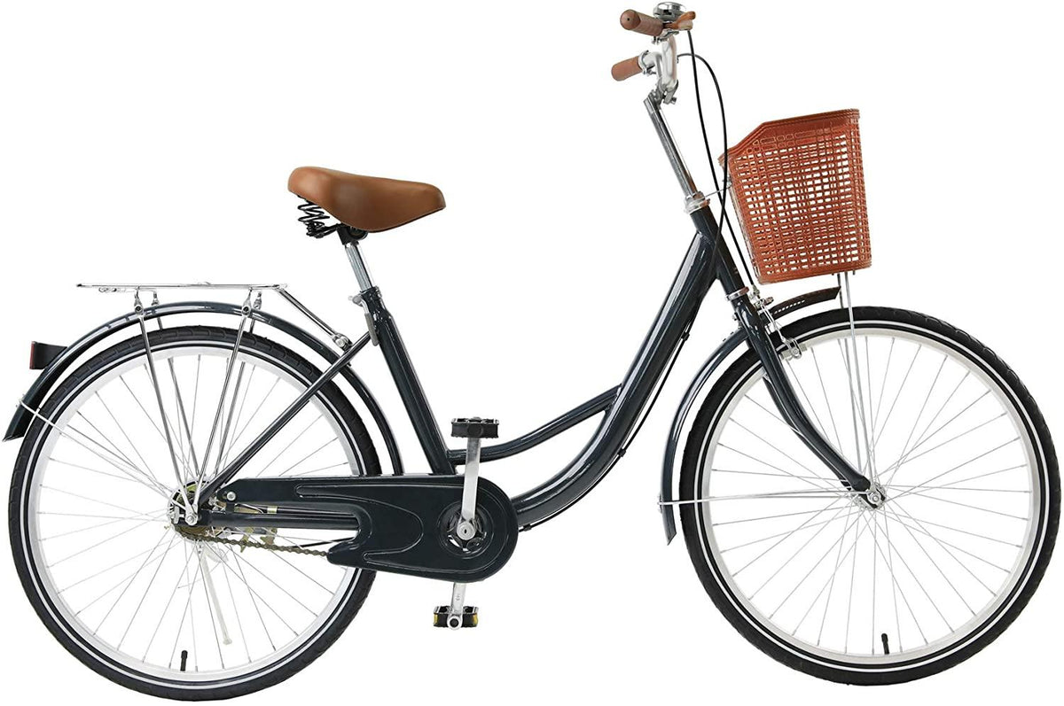Viribus Single Speed Beach Cruiser Bike, Comfortable Commuter Bicycle, High-Carbon Steel Frame, Front Basket &amp; Bell, Rear Racks (Blue, 24")