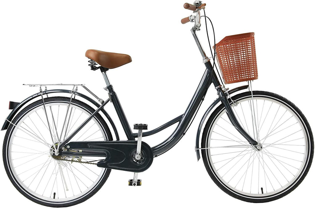 Viribus 24" or 26" Wheels Cruiser Bike, Single Speed Beach Comfortable Commuter Bicycle, High-Carbon Steel Frame, Front Basket &amp; Bell, v-Brake Rear Racks, 85% preinstalled Cream or Blue