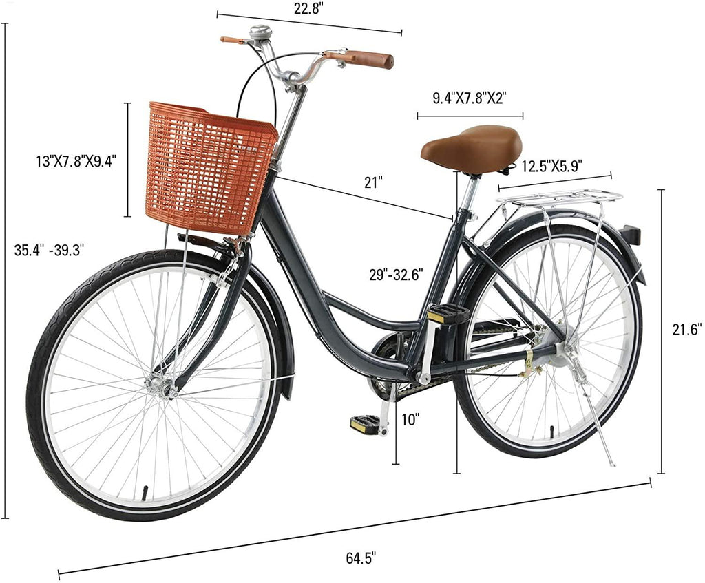 Viribus 24" or 26" Wheels Cruiser Bike, Single Speed Beach Comfortable Commuter Bicycle, High-Carbon Steel Frame, Front Basket &amp; Bell, v-Brake Rear Racks, 85% preinstalled Cream or Blue