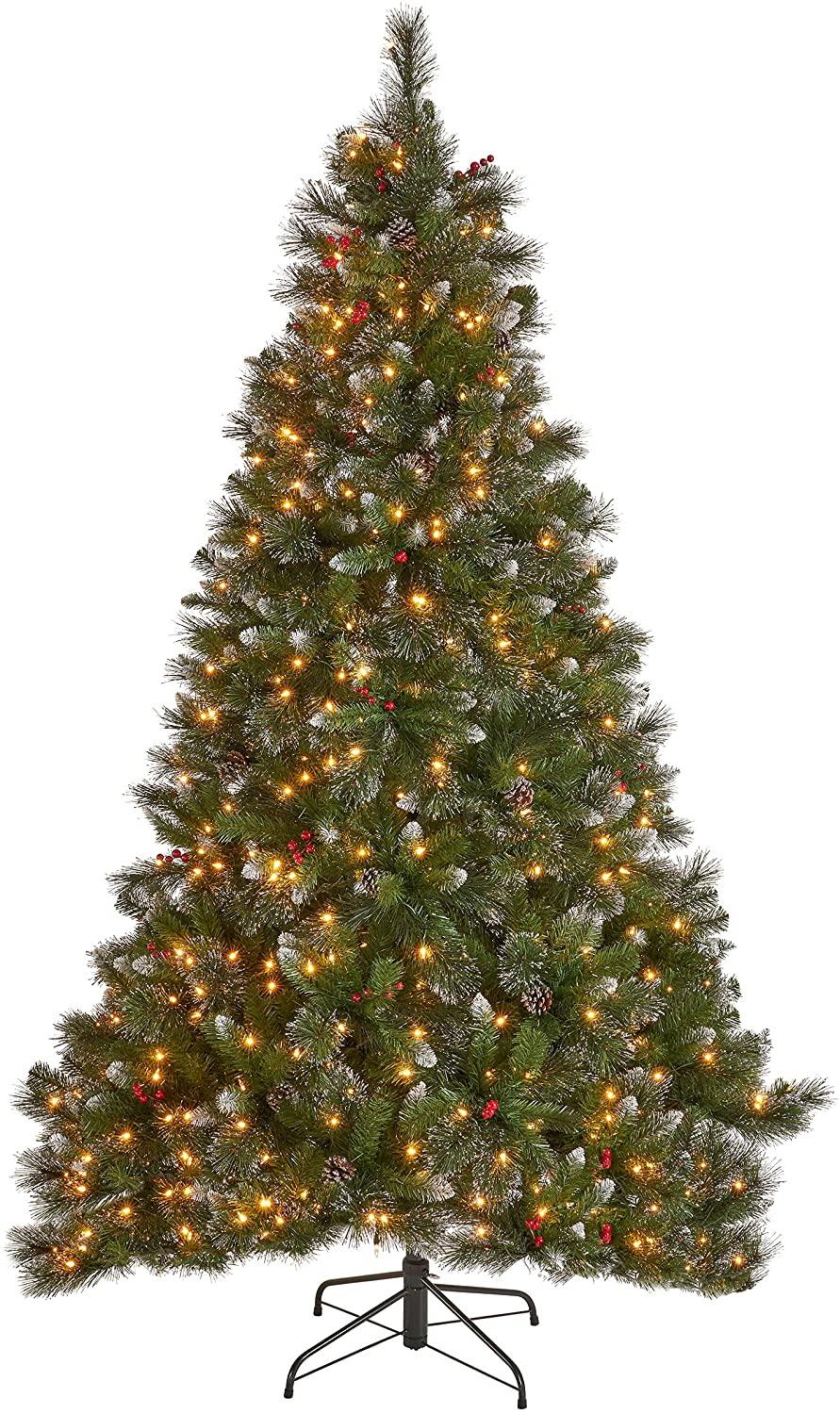 Joedot 7.5-Foot Mixed Spruce Pre-Lit Multi-Colored String Light Hinged Artificial Christmas Tree with Glitter Branches, Red Berries, and Pinecones (Green, 7.5')
