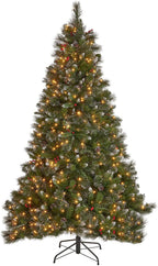 Joedot 7.5-Foot Mixed Spruce Pre-Lit Multi-Colored String Light Hinged Artificial Christmas Tree with Glitter Branches, Red Berries, and Pinecones (Green, 7.5')