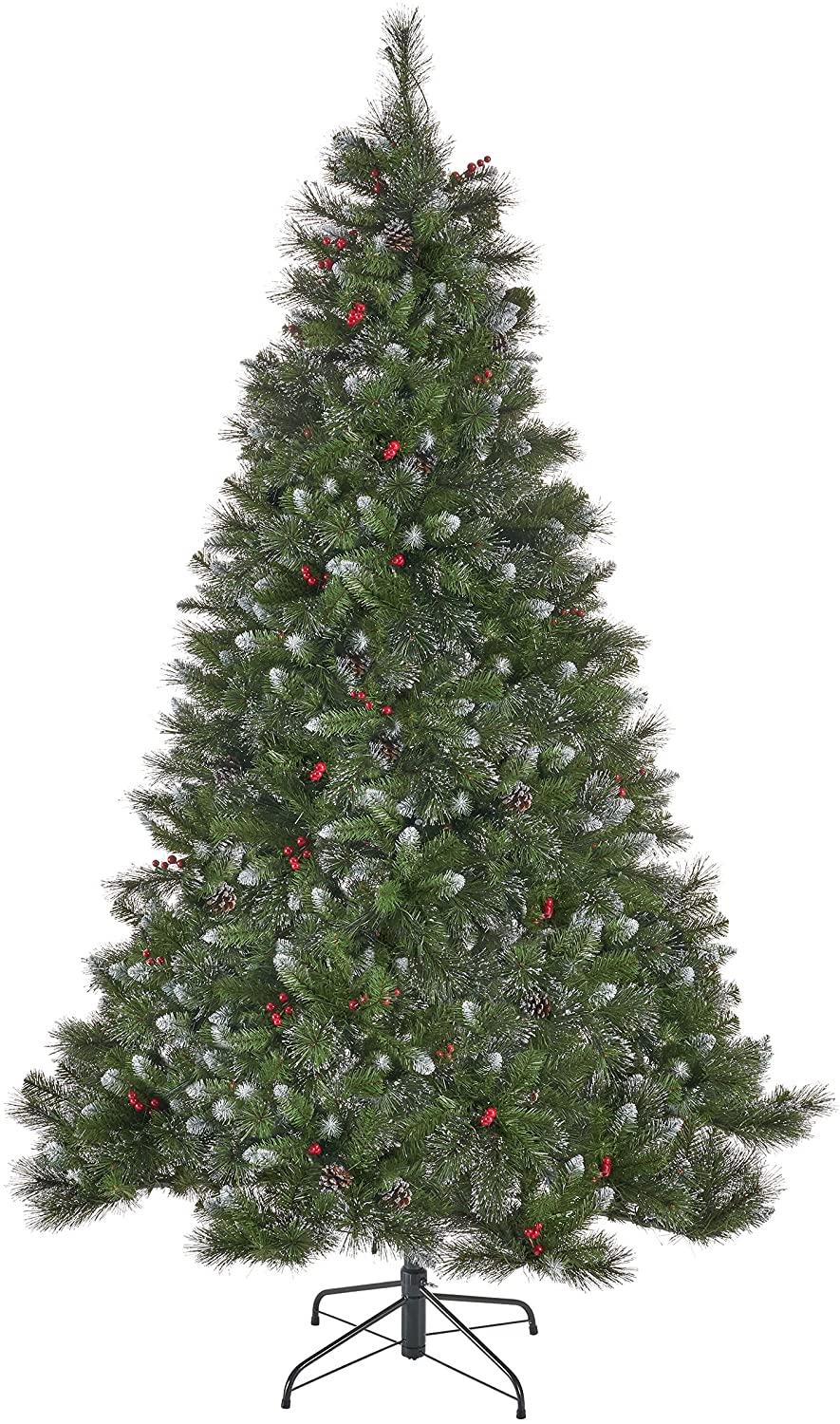 Joedot 7.5-Foot Mixed Spruce Pre-Lit Multi-Colored String Light Hinged Artificial Christmas Tree with Glitter Branches, Red Berries, and Pinecones (Green, 7.5')