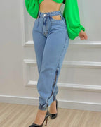 solid high waist hollow-out side zipper jeans