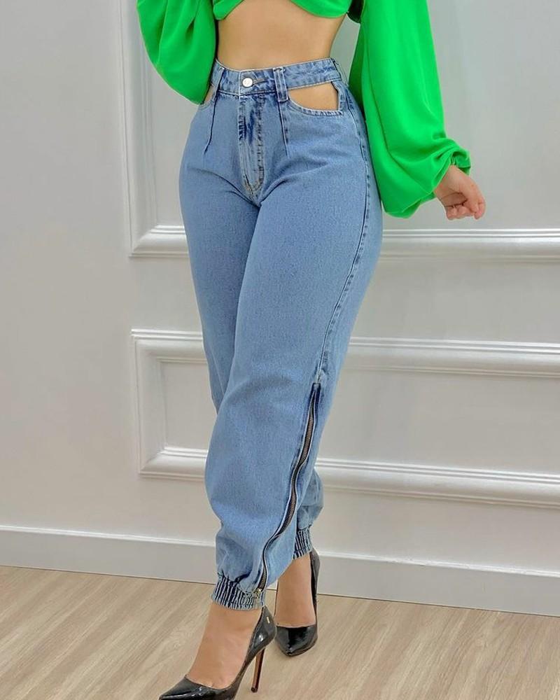 solid high waist hollow-out side zipper jeans