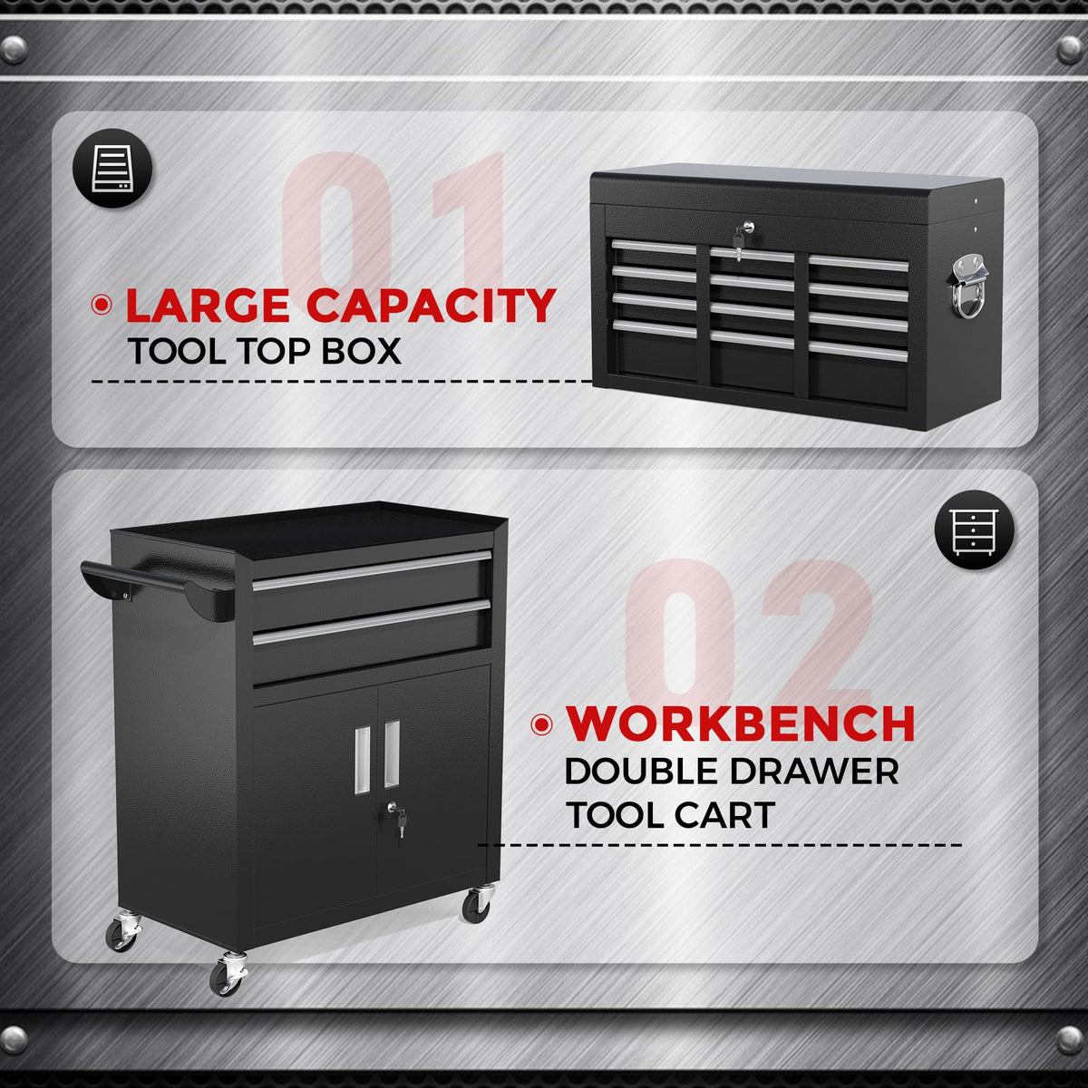 8-Drawers Rolling Tool Chest, Assembled Tool Chest with Wheels, Detachable Top Tool Box, Tool Cabinet for Repair Room,Warehouse, Rolling Tool Box with Hooks,Tray Divider,Liners(Black)