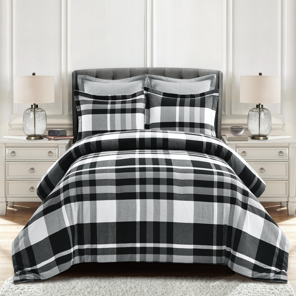 Lush Decor Farmhouse Yarn Dyed Plaid Eco-Friendly Recycled Cotton Reversible Comforter, King, Black/White, 5-Pc Set