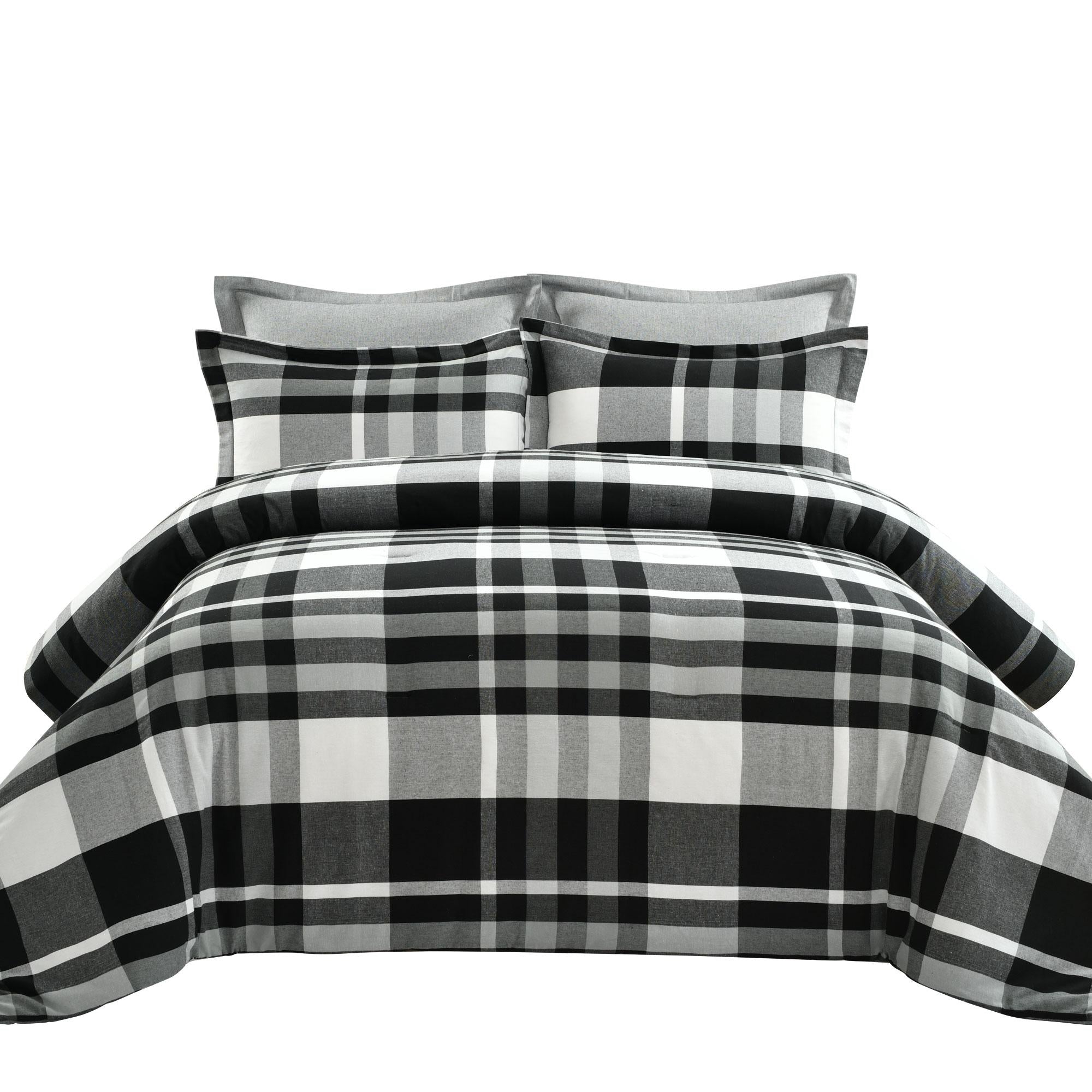 Lush Decor Farmhouse Yarn Dyed Plaid Eco-Friendly Recycled Cotton Reversible Comforter, King, Black/White, 5-Pc Set