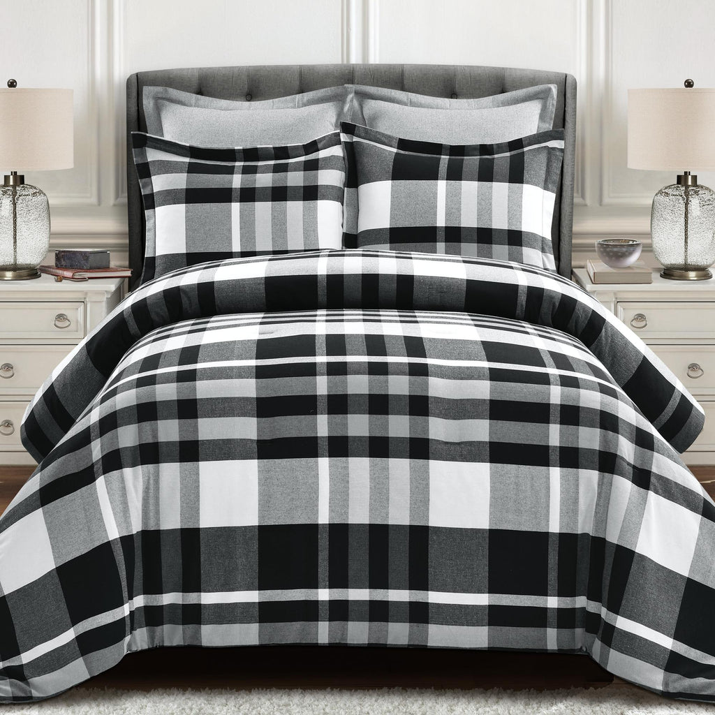 Lush Decor Farmhouse Yarn Dyed Plaid Eco-Friendly Recycled Cotton Reversible Comforter, King, Black/White, 5-Pc Set