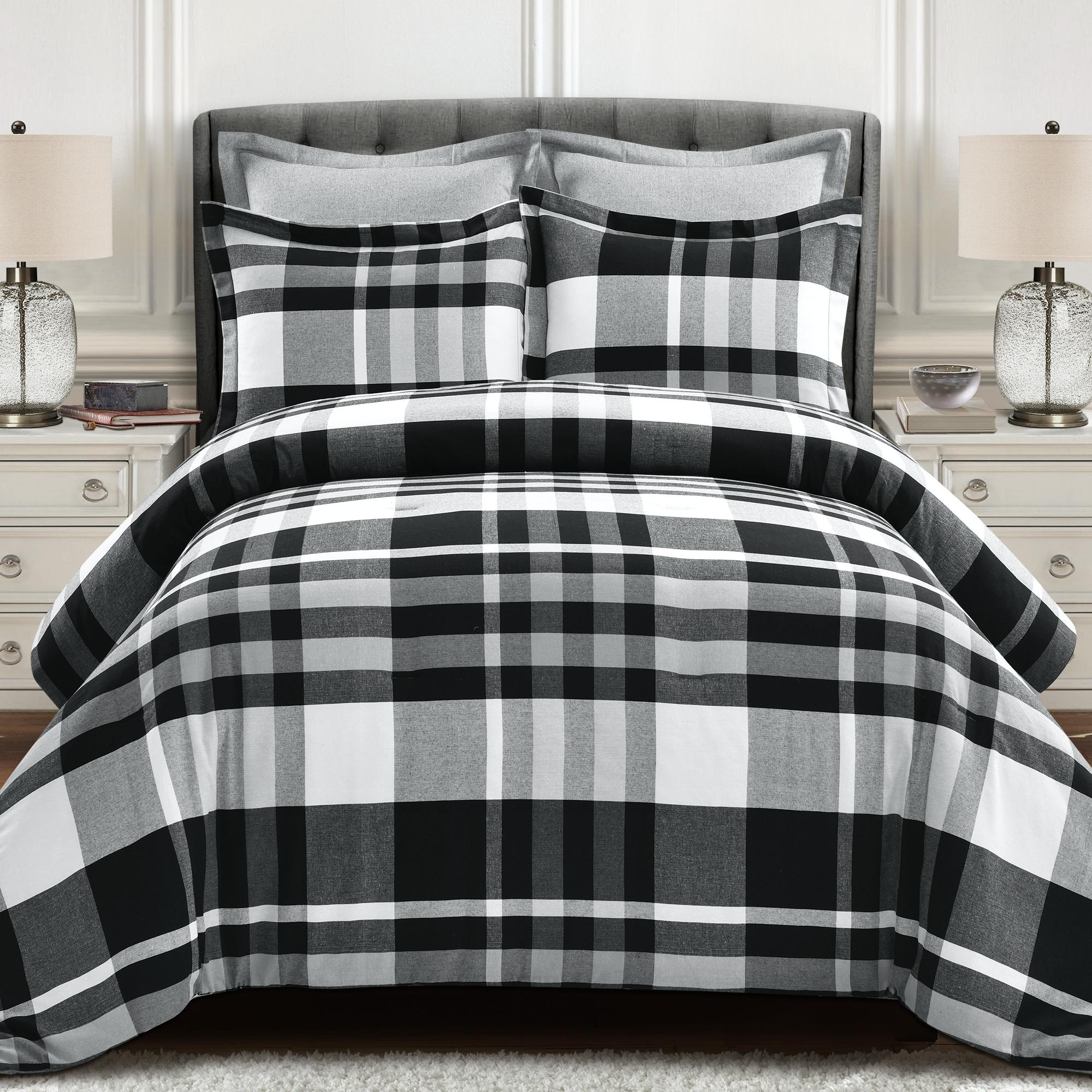Lush Decor Farmhouse Yarn Dyed Plaid Eco-Friendly Recycled Cotton Reversible Comforter, King, Black/White, 5-Pc Set