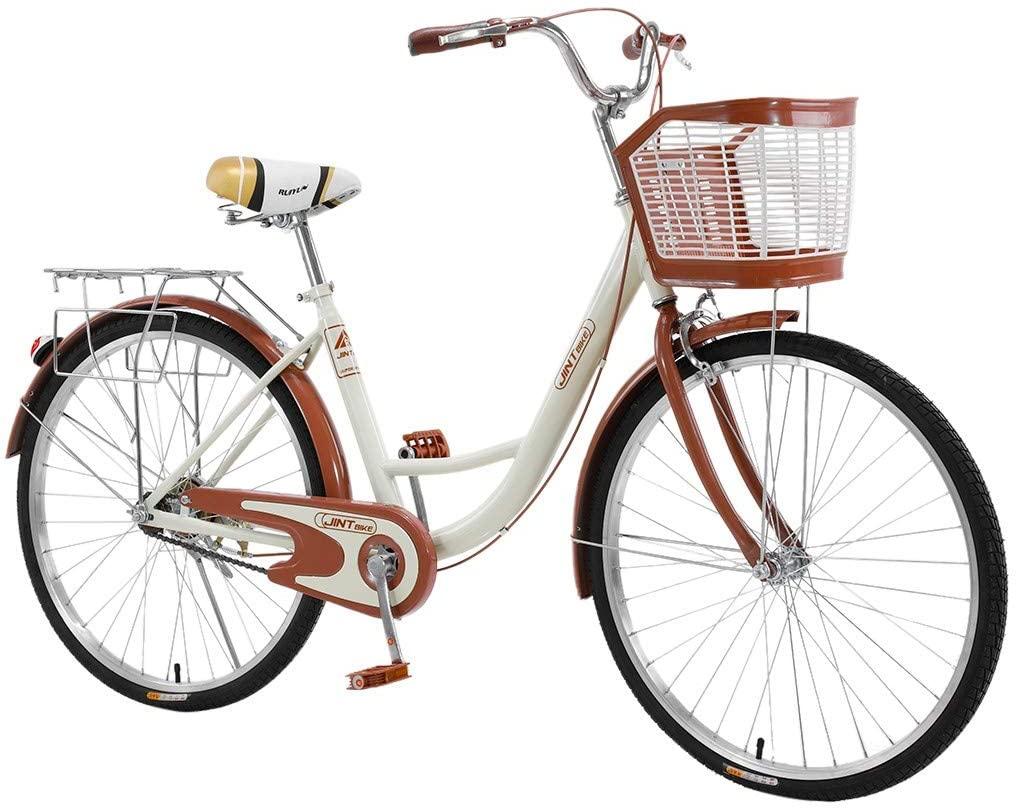 Tengma Womens Comfort Bikes Beach Cruiser Bike, 26 Inch Single Speed Bicycle Road Bikes, Comfortable Commuter Bicycle High-Carbon Steel Frame, Front Basket, Rear Racks, Adult Classic Retro Bicycle