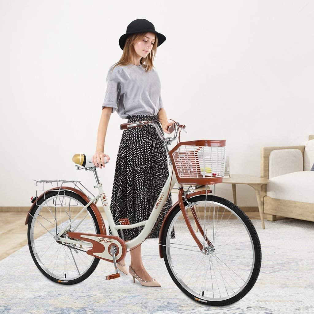 Womens Beach Complete Cruiser Bike, Women 26 Inch Bike for Women Single Speed Bike Comfortable Commuter,26-inch Wheels Classic Retro Bicycles Beach Cruiser Bike w/Front Basket