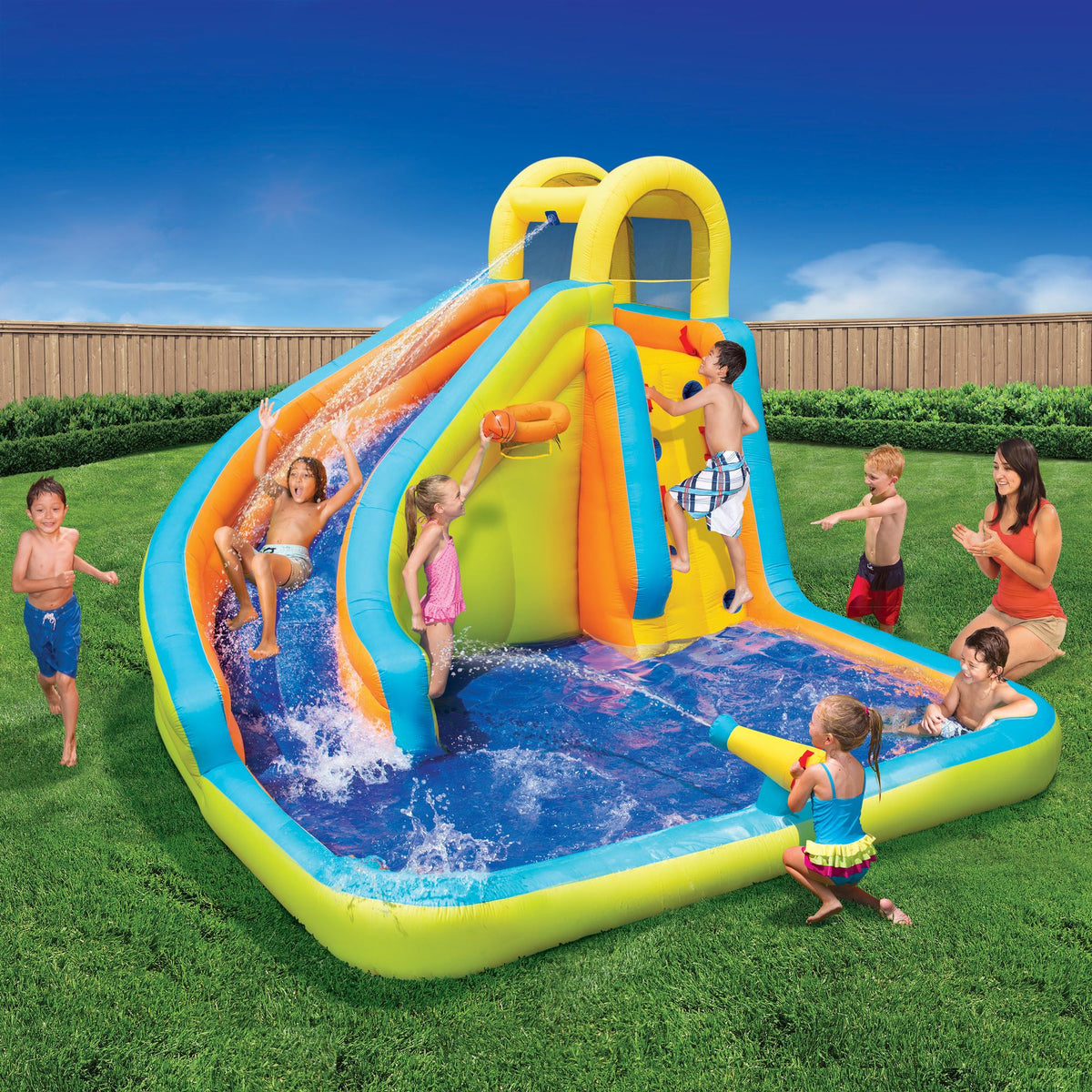 Banzai Splash 'N Blast 12 x 10.5 x 8 Ft Kids Outdoor Backyard Inflatable Water Slide Park Toy with Climbing Wall, Basketball