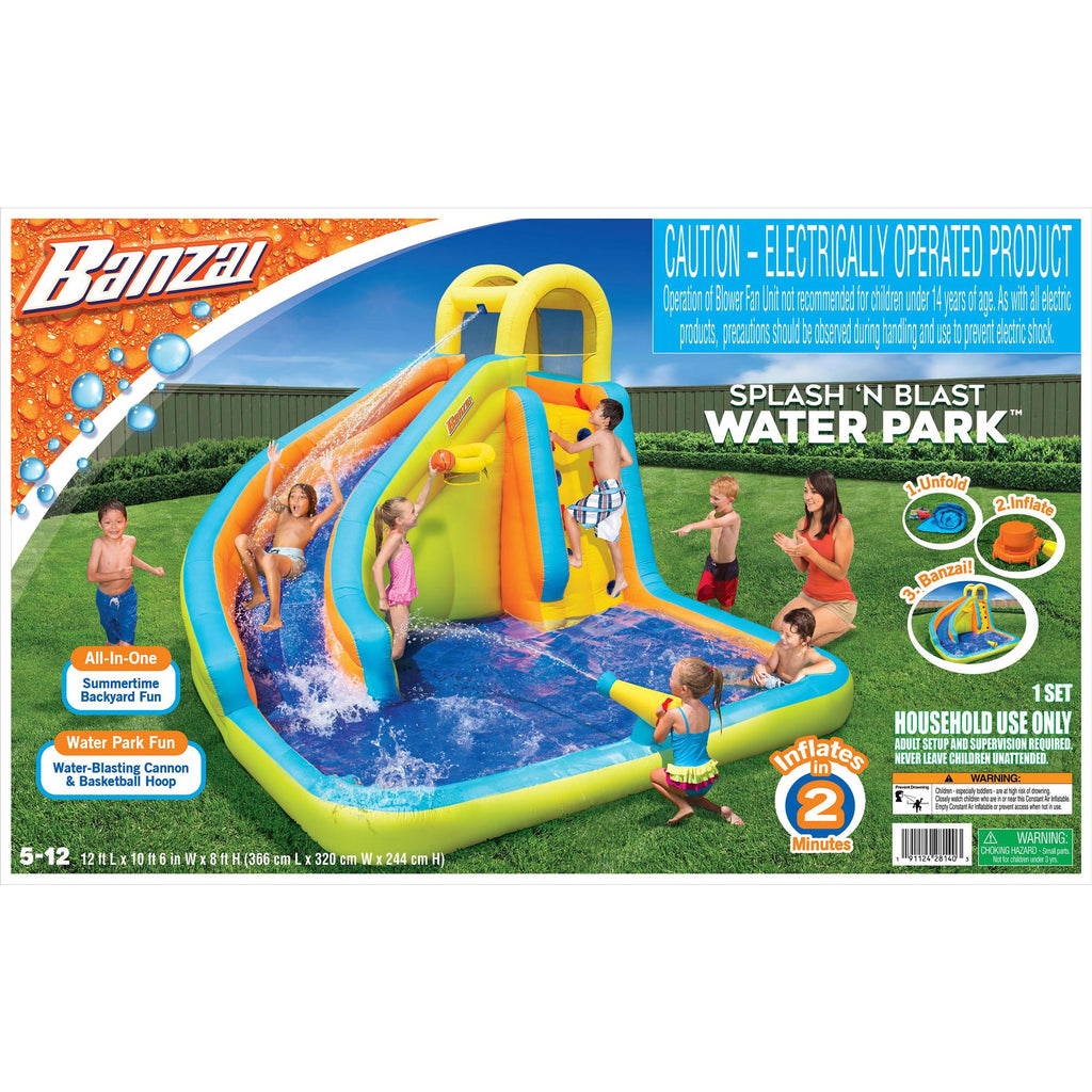 Banzai Splash 'N Blast 12 x 10.5 x 8 Ft Kids Outdoor Backyard Inflatable Water Slide Park Toy with Climbing Wall, Basketball