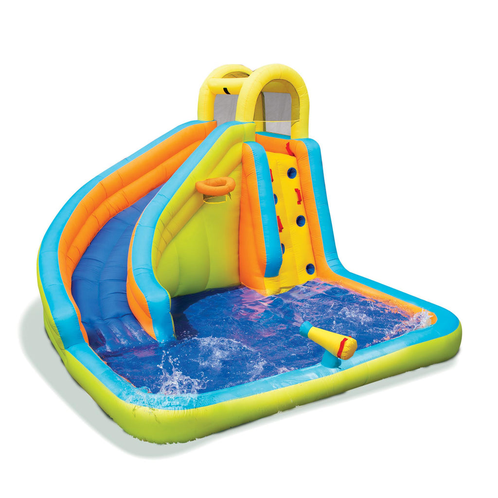 Banzai Splash 'N Blast 12 x 10.5 x 8 Ft Kids Outdoor Backyard Inflatable Water Slide Park Toy with Climbing Wall, Basketball