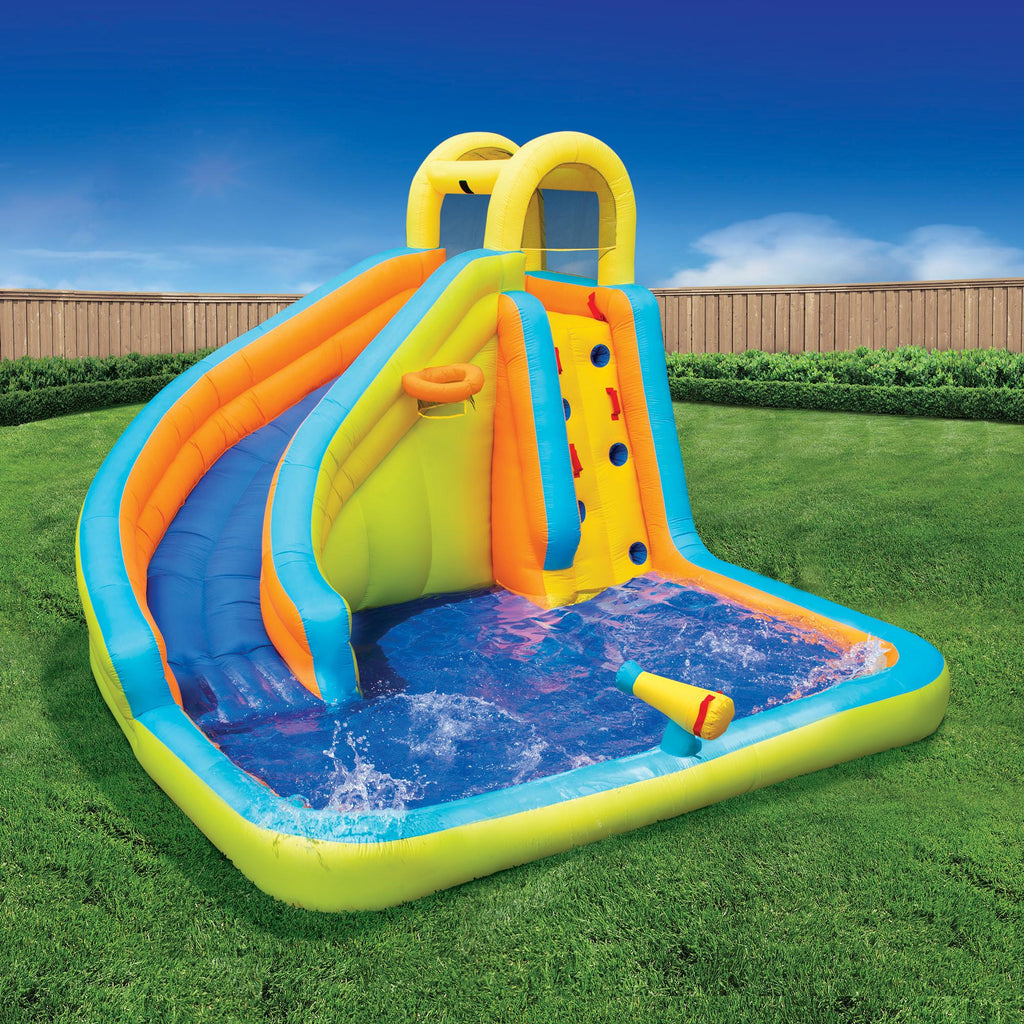 Banzai Splash 'N Blast 12 x 10.5 x 8 Ft Kids Outdoor Backyard Inflatable Water Slide Park Toy with Climbing Wall, Basketball