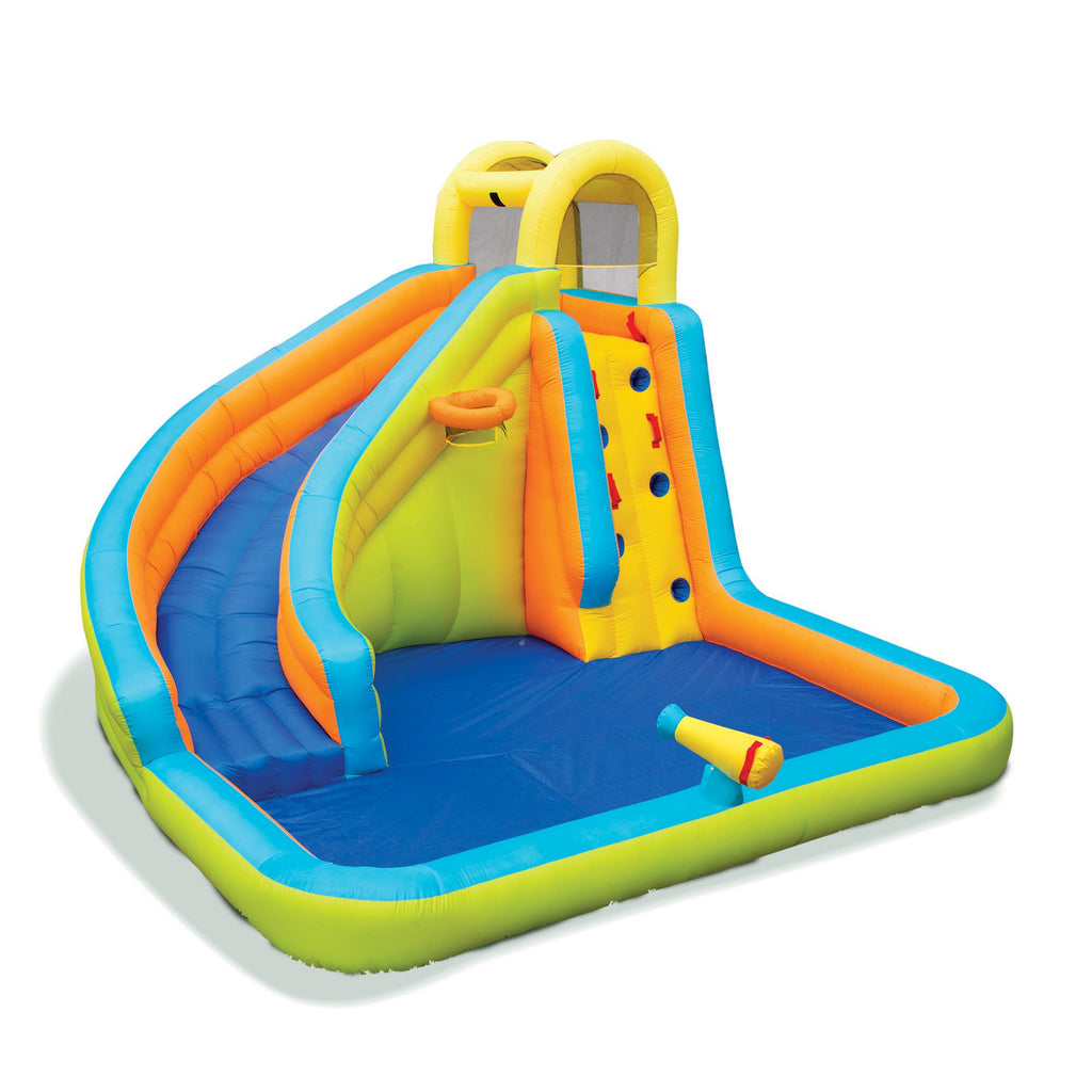Banzai Splash 'N Blast 12 x 10.5 x 8 Ft Kids Outdoor Backyard Inflatable Water Slide Park Toy with Climbing Wall, Basketball