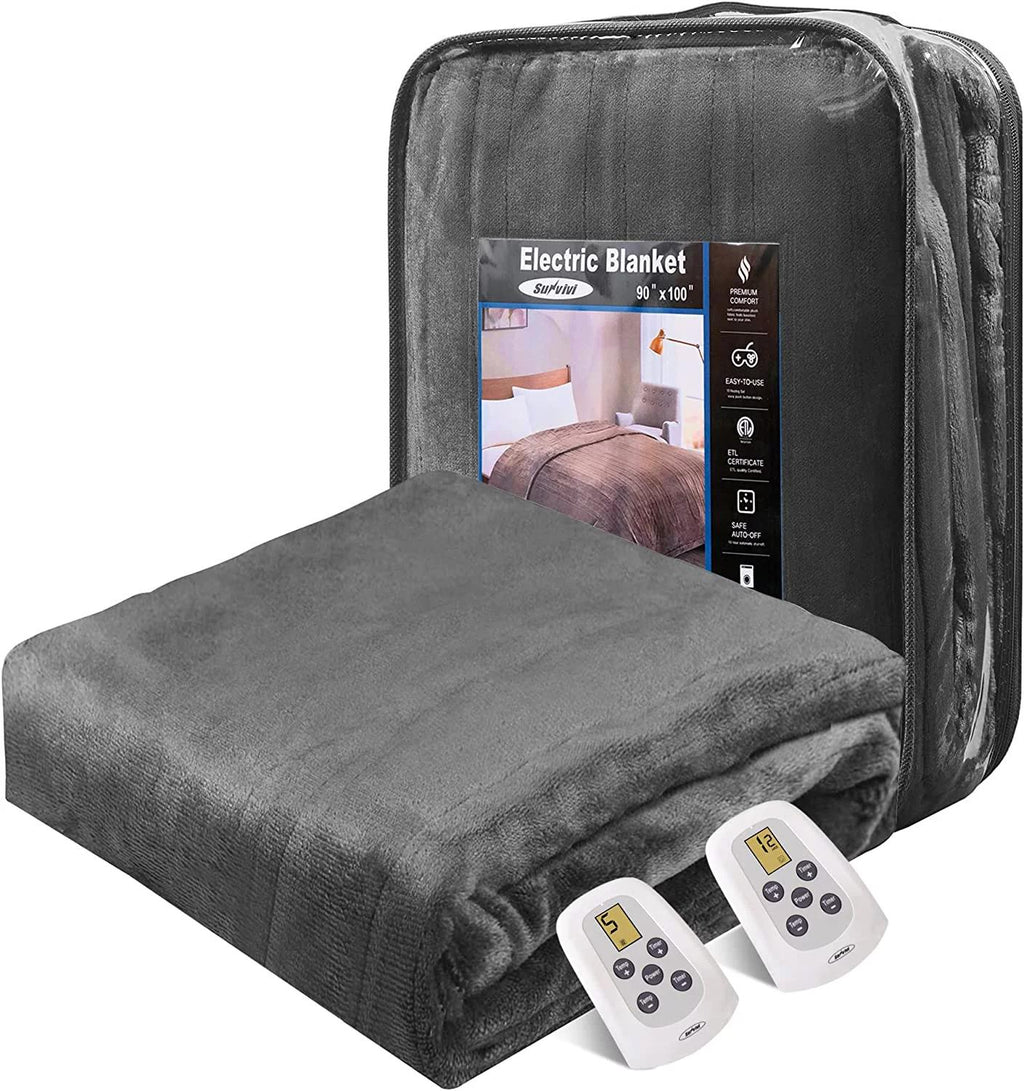 Electric Blanket Size with Dual Controllers, 10 Heating Levels&amp; 12 hours Auto-off, Overheat Protection, Grey