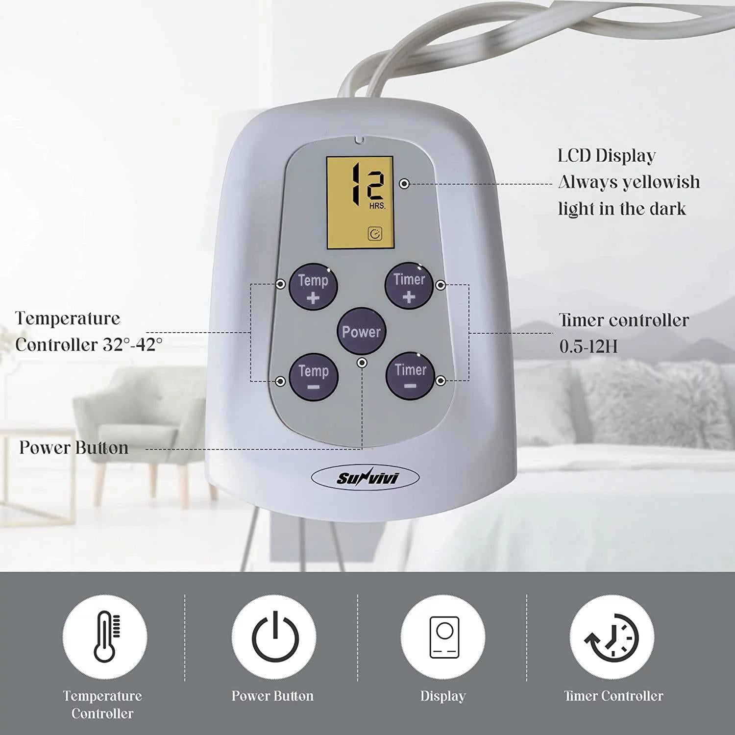Electric Blanket Size with Dual Controllers, 10 Heating Levels&amp; 12 hours Auto-off, Overheat Protection, Grey