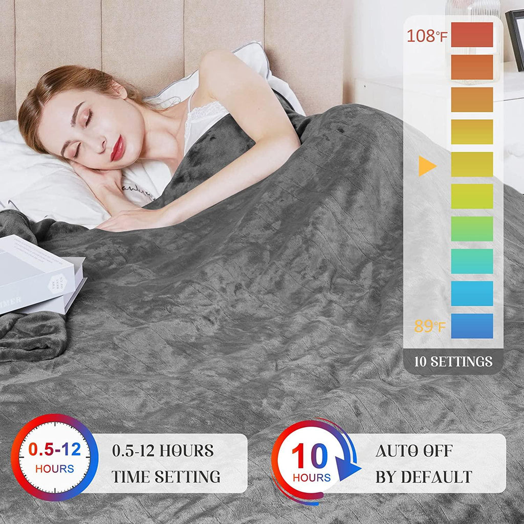 Electric Blanket Size with Dual Controllers, 10 Heating Levels&amp; 12 hours Auto-off, Overheat Protection, Grey