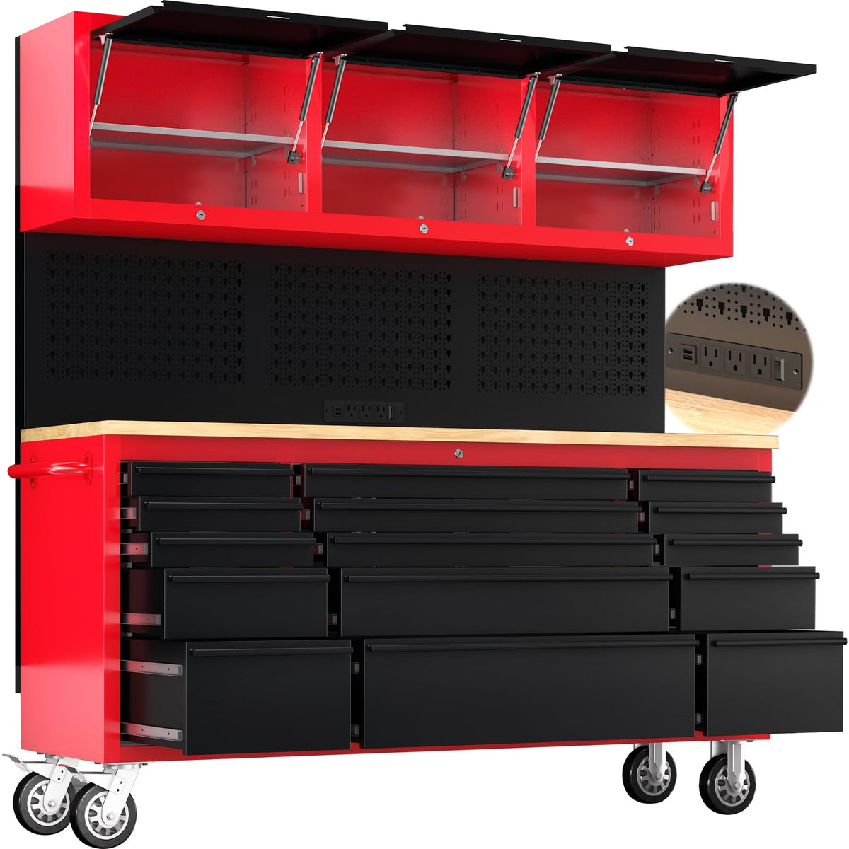 72" Rolling Tool Chest with 15 Drawers - Heavy Duty GaraWorkbench with Power Strip & Pegboard - 18" Deep 1.2" Thick Solid Top, Lockable Tool StoraCabinet for Professional Mechanic