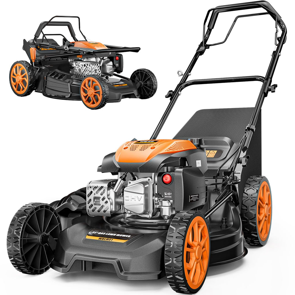 21” Self Propelled Lawn Mower Gas, 170CC 4-in-1 Mulch/Rear Bag/Side Discharge/Rear Discharge, Walk-Behind Gas Lawnmower with 7-Position Cutting Height, Foldable Gas Powered Lawn Mowers