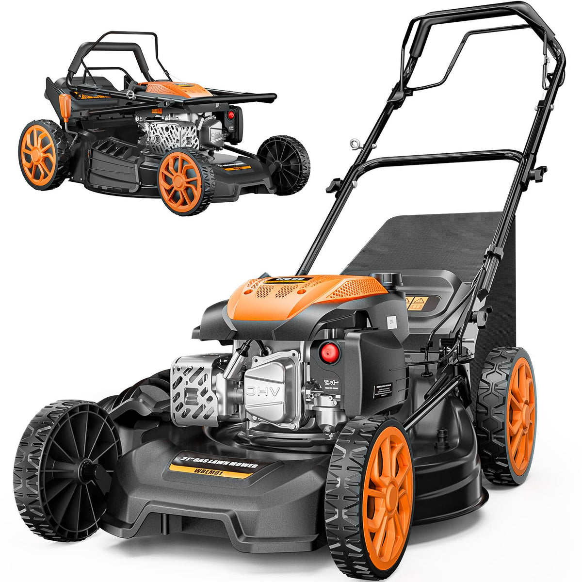 21” Self Propelled Lawn Mower Gas, 170CC 4-in-1 Mulch/Rear Bag/Side Discharge/Rear Discharge, Walk-Behind Gas Lawnmower with 7-Position Cutting Height, Foldable Gas Powered Lawn Mowers