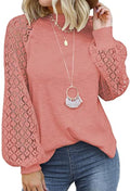 Women Trendy Blouses Casual Loose Knit Tops Pullover Hollow-Out Lace Long Sleeve Shirts