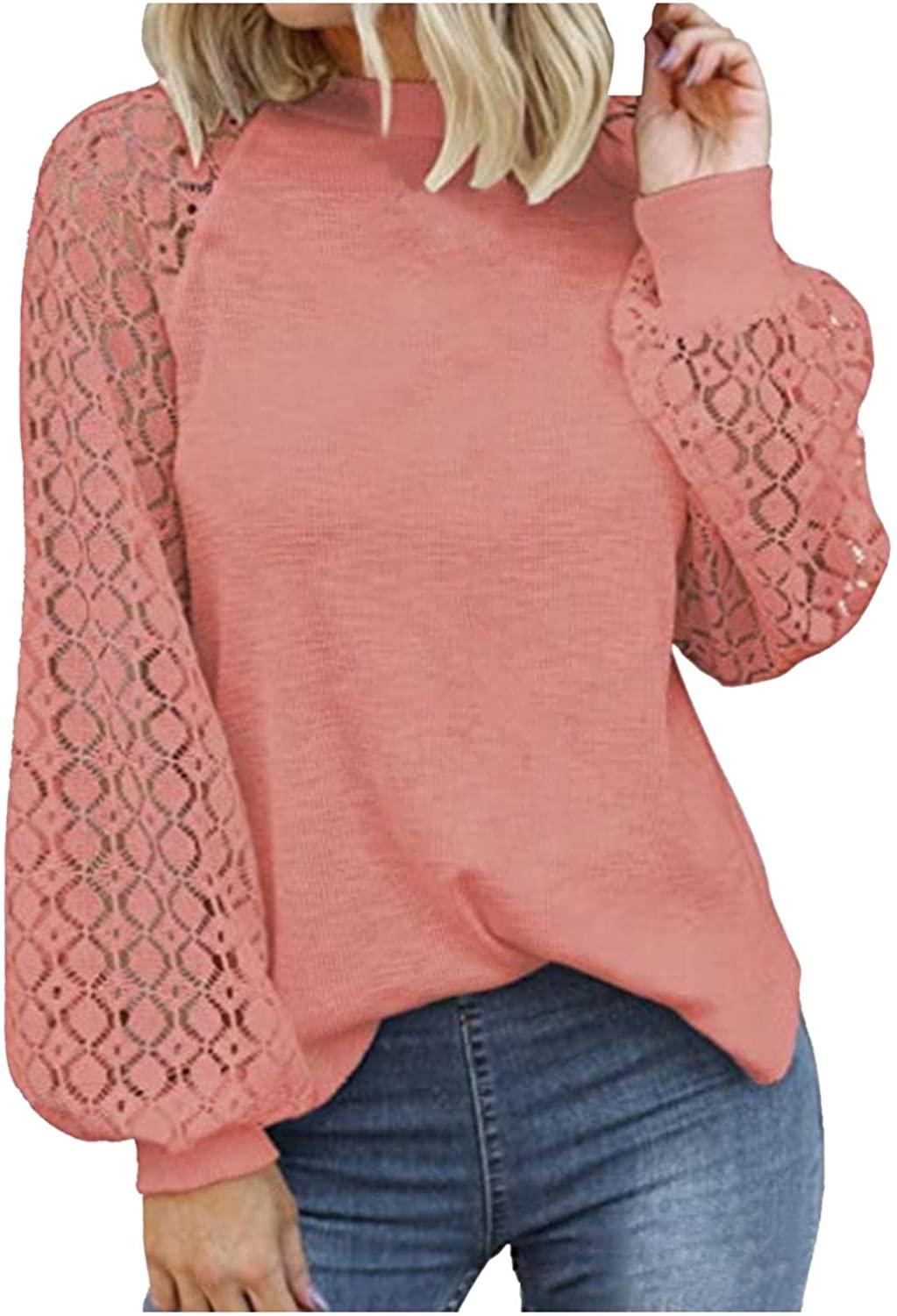 Women Trendy Blouses Casual Loose Knit Tops Pullover Hollow-Out Lace Long Sleeve Shirts