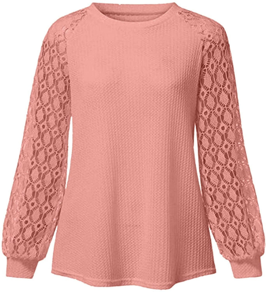 Women Trendy Blouses Casual Loose Knit Tops Pullover Hollow-Out Lace Long Sleeve Shirts