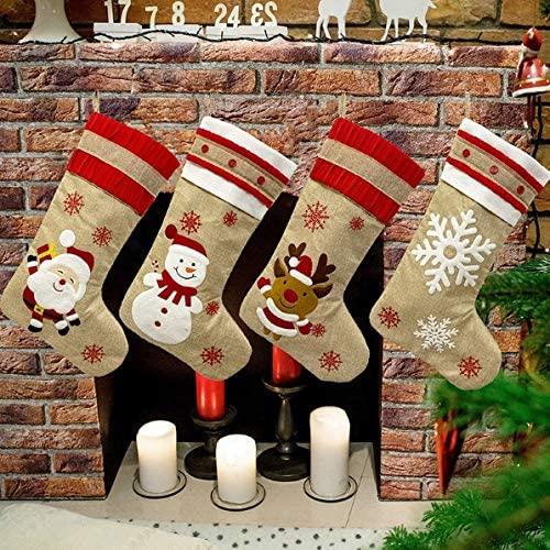 ZMDZA 4PS Christmas Decorations Santa Snowman Elk Stockings Xmas Flax StocTree Pendant Socks Gift Bag Merry Christmas
