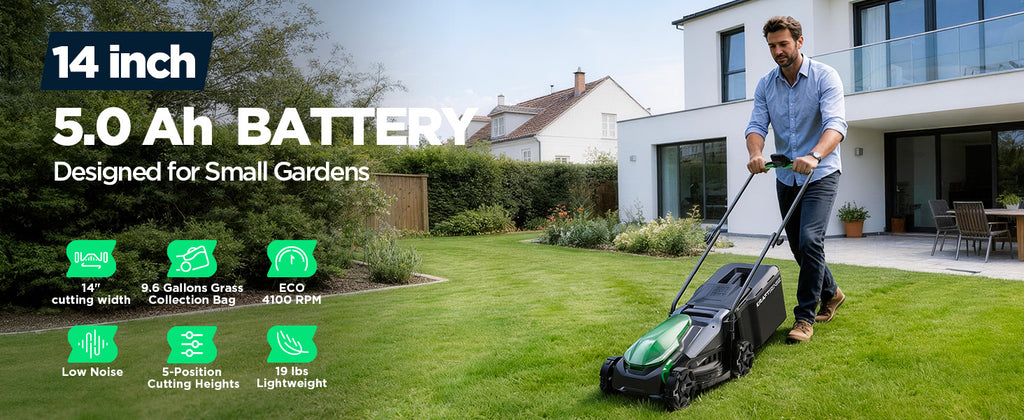 14" Cordless Lawn Mower, 20V Lightweight Push Mower with 5.0Ah Battery, Ultra-Quiet Motor for Small Yards, Lawn Care, Backyard Maintenance