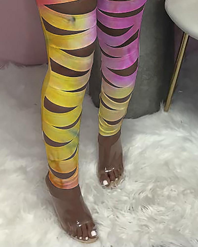 tie dye print cutout high waisted skinny pants