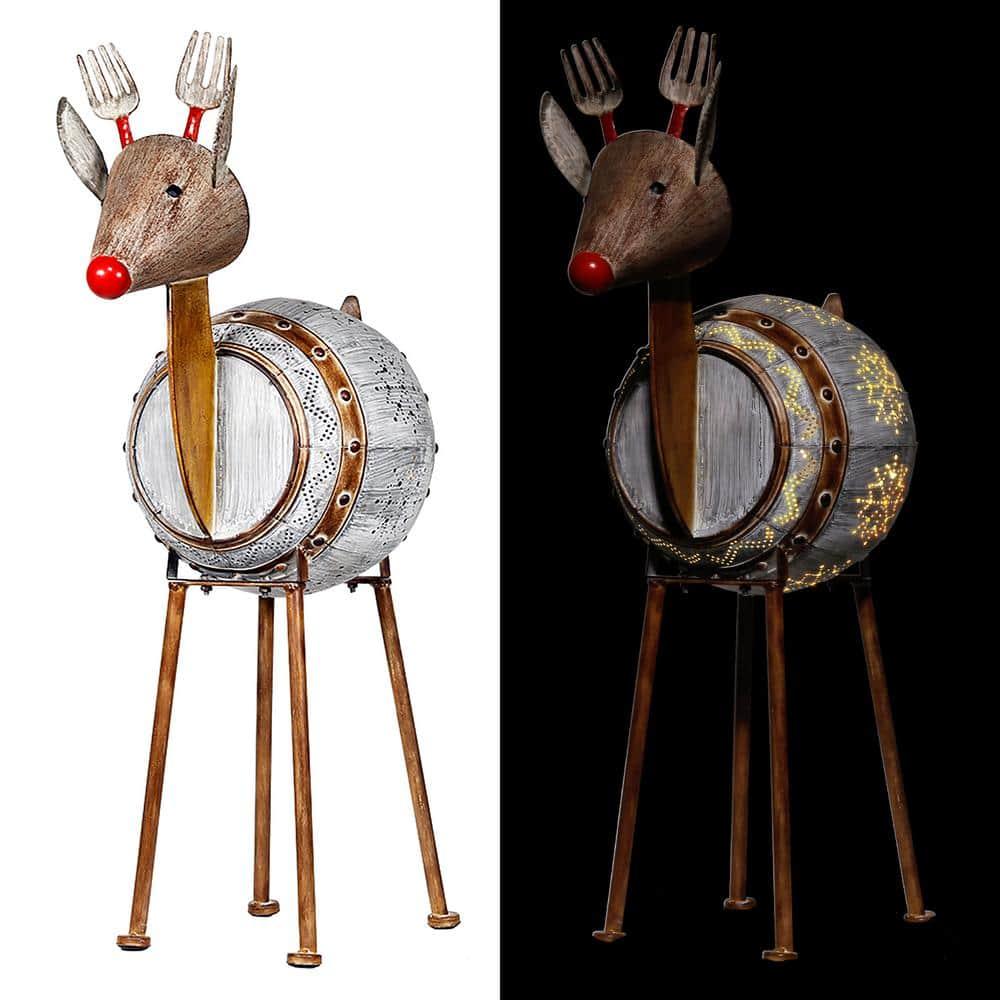 33 in. Tall Weathered Barrel Reindeer With Warm White LED Lights