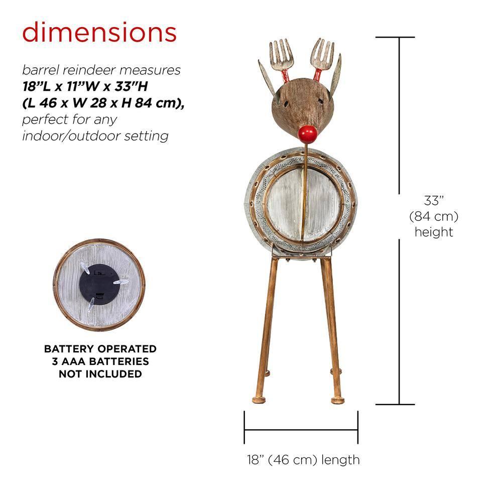 33 in. Tall Weathered Barrel Reindeer With Warm White LED Lights
