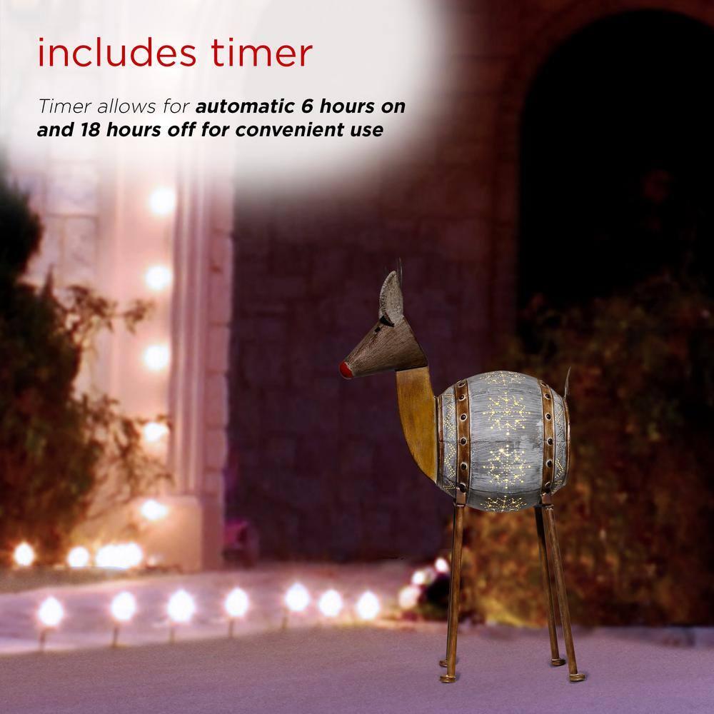 33 in. Tall Weathered Barrel Reindeer With Warm White LED Lights