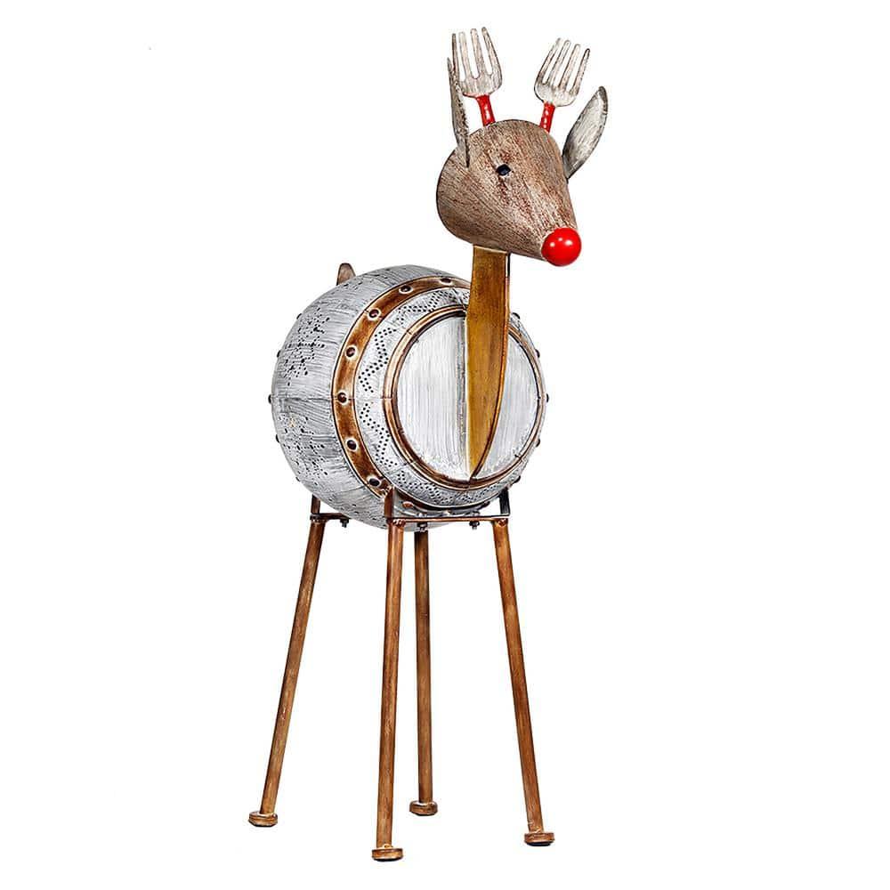 33 in. Tall Weathered Barrel Reindeer With Warm White LED Lights